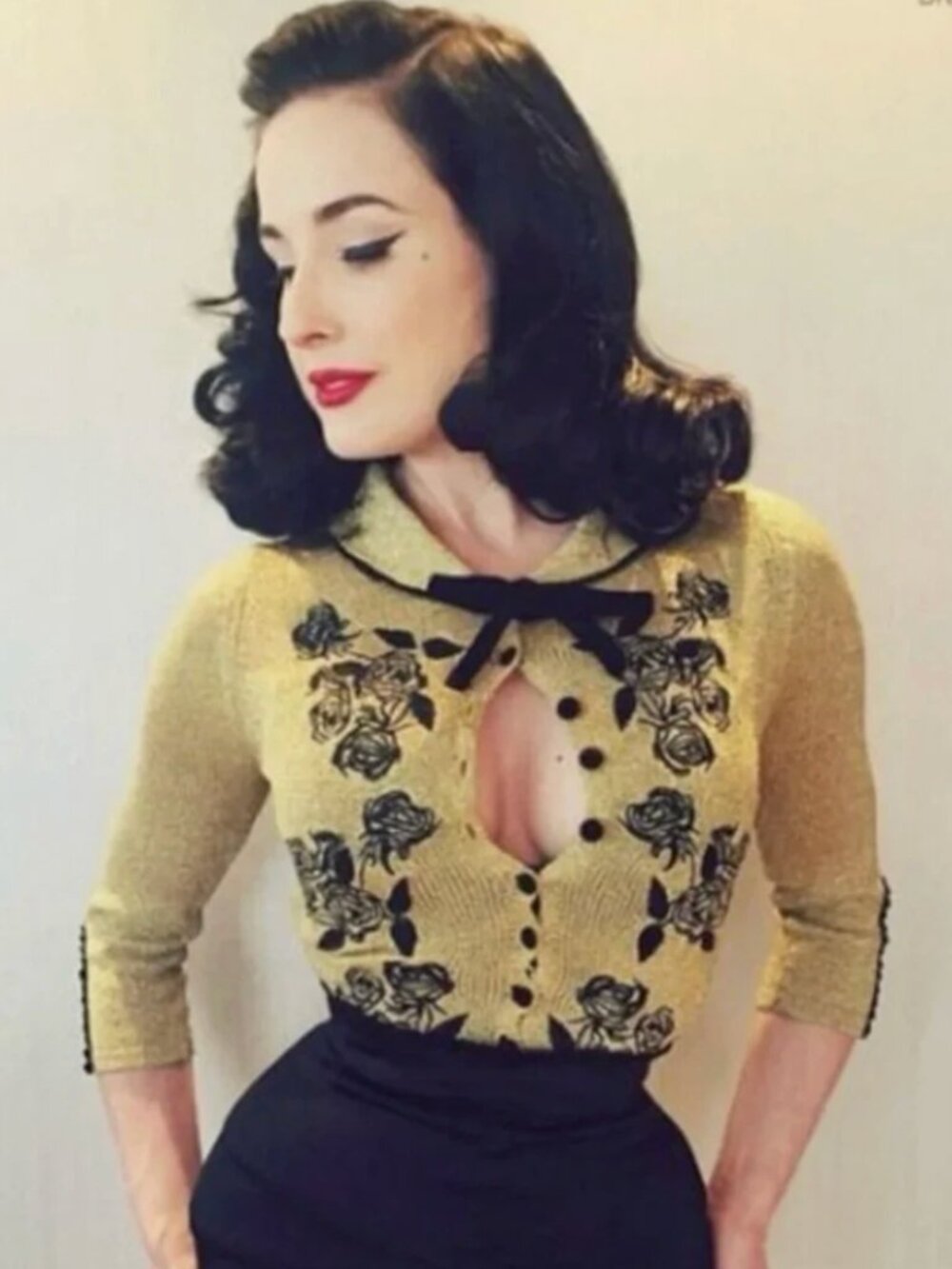Wheels & Dollbaby Dita Von Teese gold cardigan sweater pin up retro size 16